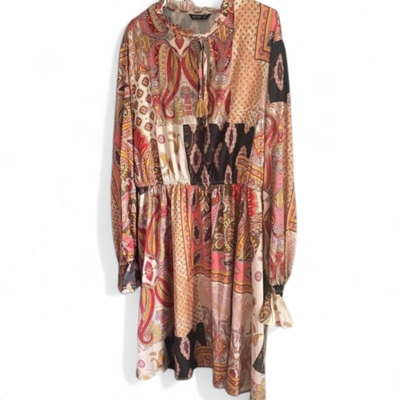 Patchwork Print Tan Black Chiffon Boho Comfy Work Cute Midi Dress Size 2X - Picture 1 of 3